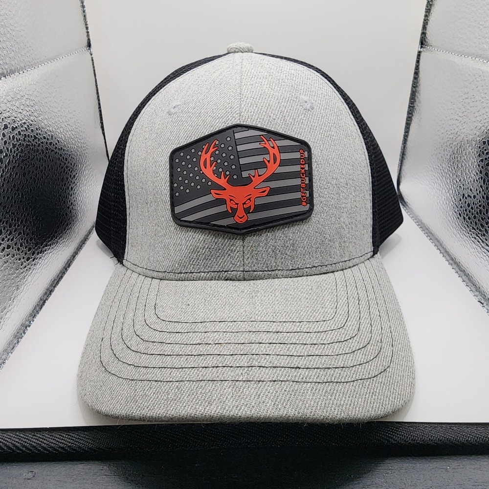 Bucked‎ Up Trucker Hat Mens OSFM Gray Black Mesh Snapback American Flag Patch